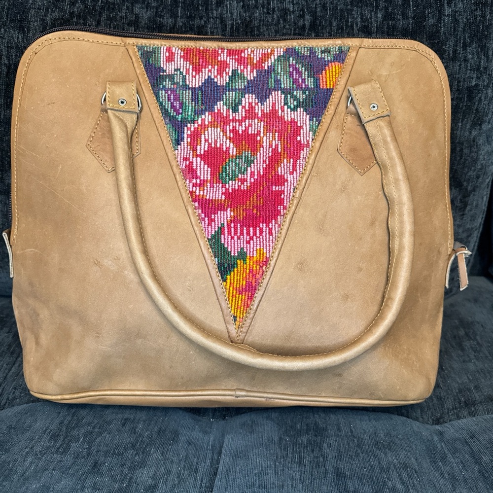 Genuine leather shoulder bag with traditional Guatemalan floral huipil accent